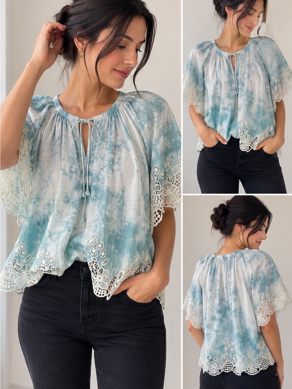 Embroidered Tie Dye Eyelet Blouse XS Anthropologie Olivia